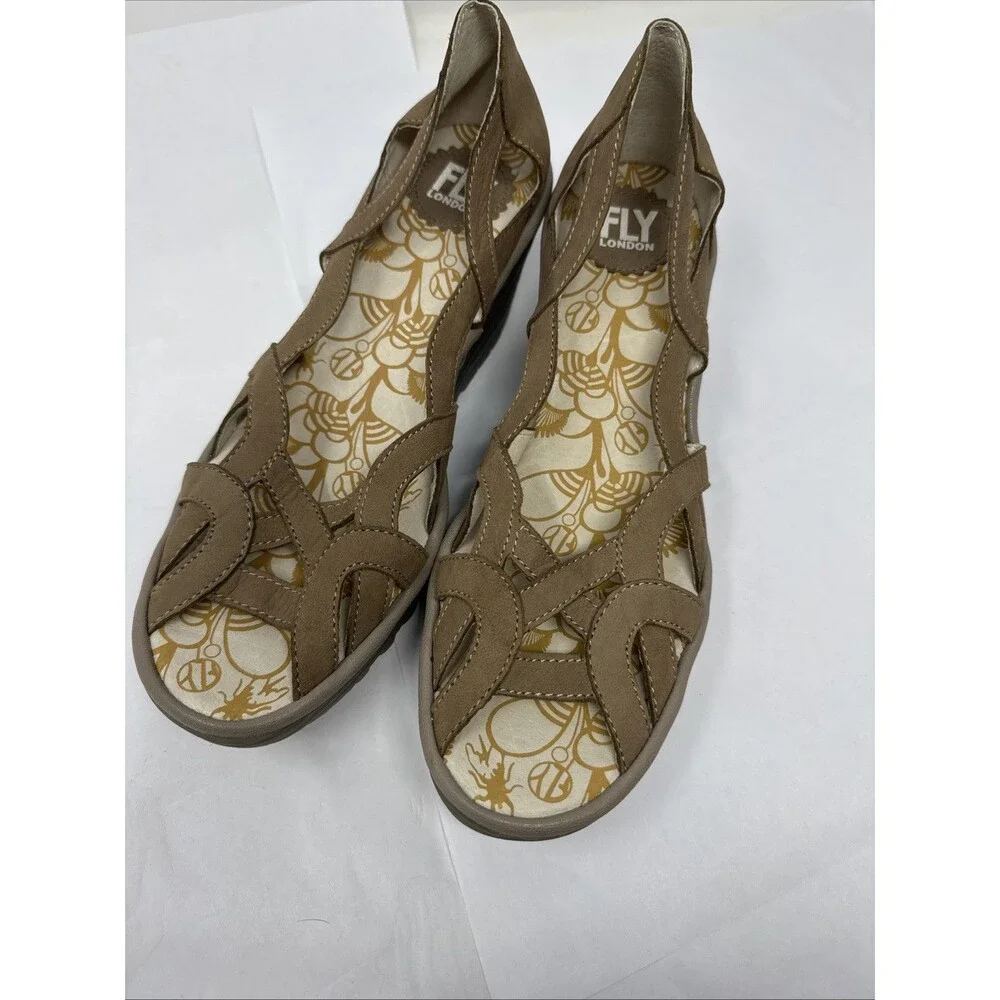 Fly London Yadi Taupe Leather Slip on Cutout Peep-toe Wedge Sandals 39 8 8.5